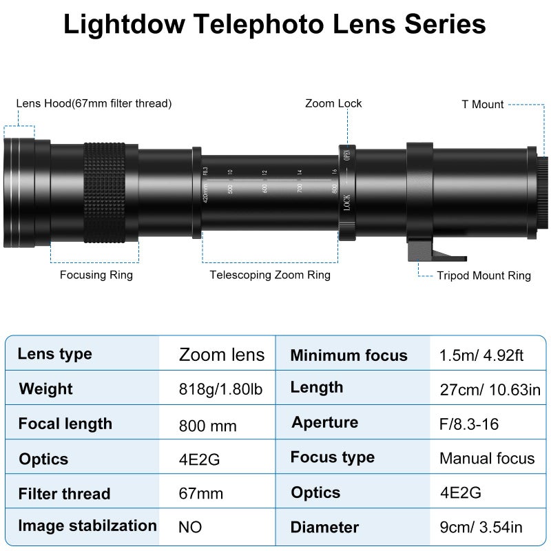 Lightdow EF/EF-S 420-800mm F8.3 Telephoto Zoom Lens(MF) + T-Mount for Canon EOS Rebel T8i/T7i/T7/T6i/T5/T3i/T2i/XSi/SL3/SL2/T100/90D/80D/70D/50D/5D Mark IV/6D II/7D II/1D X III II - Manual DSLR Cameras Lenses - Image 2