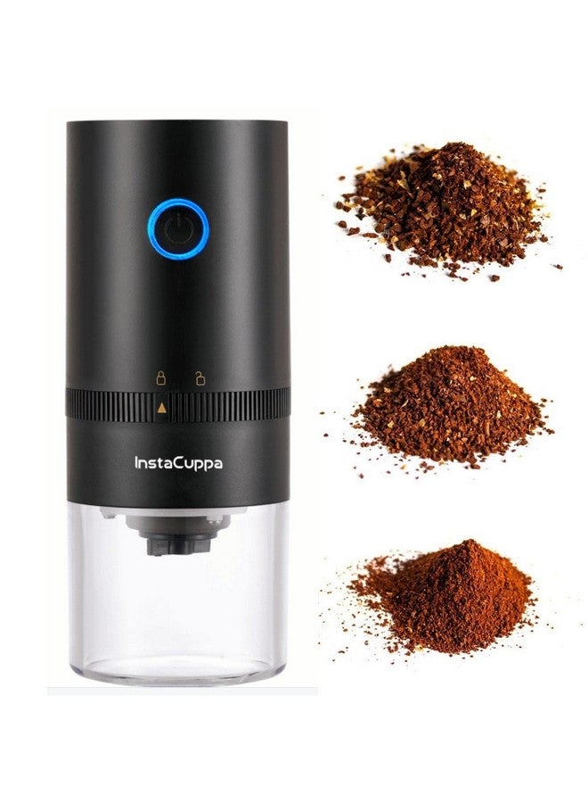 InstaCuppa مطحنة قهوة قابلة لإعادة الشحن من إنستا كوبا مع مطحنة مخروطية من السيراميك، عملية بنقرة واحدة، 5 إعدادات طحن قابلة للتعديل، علبة قاع محكمة الإغلاق (18/8 فولاذ) - Image 1