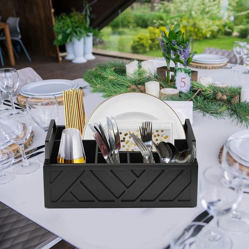 Ukonvi Paper Plate Dispenser and Holder for Kitchen Counter Wood Rustic Silverware Utensil Caddy Cutlery Flatware Organizer Box for Cups Spoons Forks Napkins Kitchen Accessories Black - Image 3