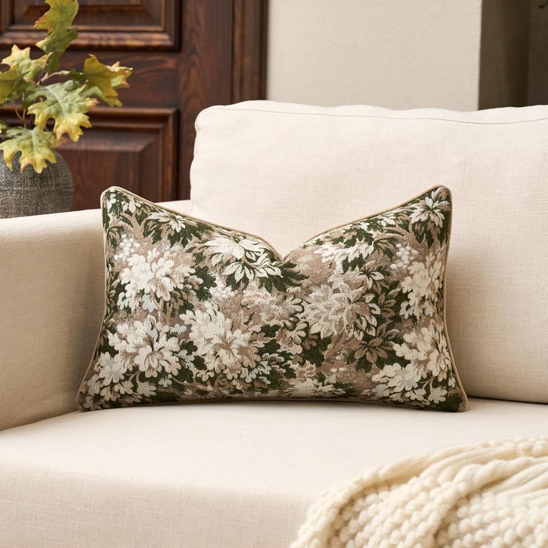 Yangest Neutral Floral Pillow Cover 12 x 20 Inches, Vintage Chenille Rectangle Throw Pillow Cover Soft Decorative Farmhouse Accent Couch Pillow Cover for Living Room Bedroom, Green - Image 1