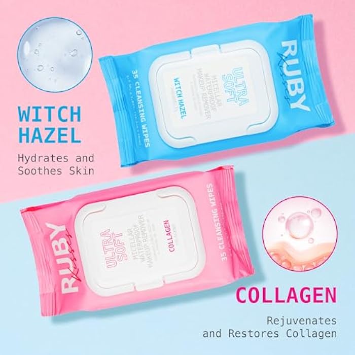 Ruby Kisses Makeup Remover Wipes, Daily Facial Cleanser Towelettes for Waterproof Makeup, Micellar Face Cleansing Wipes for Sensitive Skin, Hydrating & Refreshing, 35 Count (Collagen) - Image 4