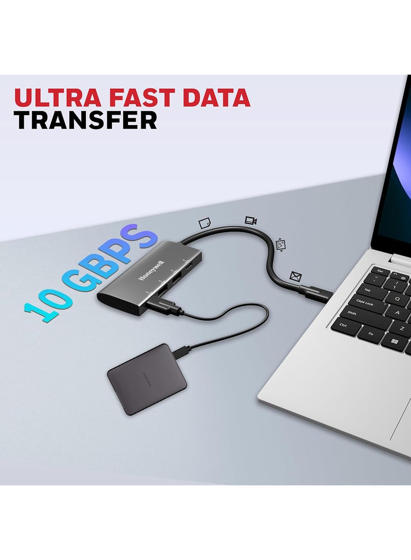 Honeywell Newly Launched Momentum Type C 4 In 1 Hub, 10Gpbs Transfer Speed, 2 Type C & 2 USB 3.2 Gen2 Port, Max Current 3000mA, Easy Plug & Play, Universally Compatible with all Type C Port devices Grey - Image 3