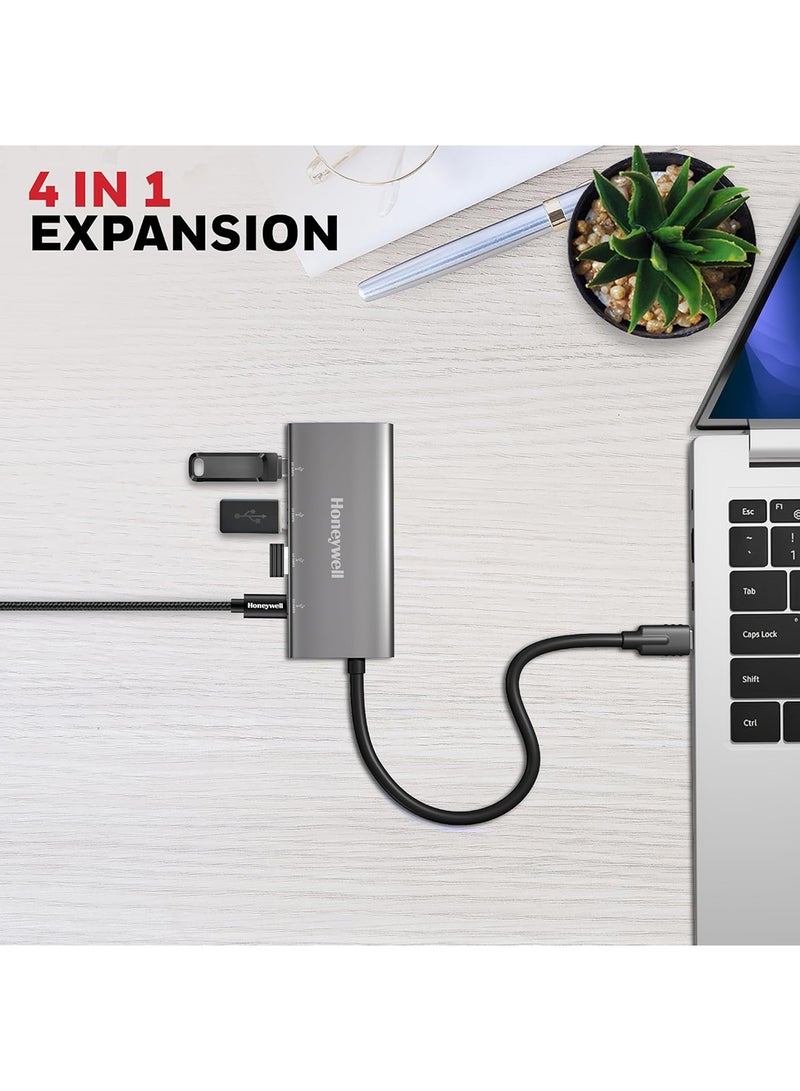 Honeywell Newly Launched Momentum Type C 4 In 1 Hub, 10Gpbs Transfer Speed, 2 Type C & 2 USB 3.2 Gen2 Port, Max Current 3000mA, Easy Plug & Play, Universally Compatible with all Type C Port devices Grey - Image 2