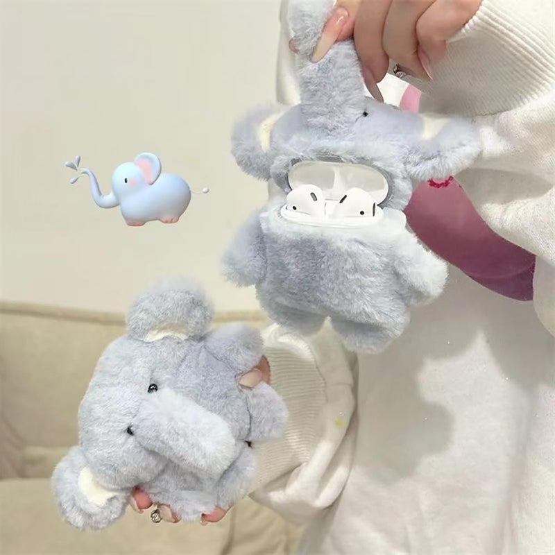 QoKcoahn Cute Cartoon Plush Case for AirPods 4 4rd Generation Case,3D Kawaii Fluffy Blue Elephant Soft Silicone Cover with Keychain Cool Funny Boys Girls Women for AirPods 4 - Image 4