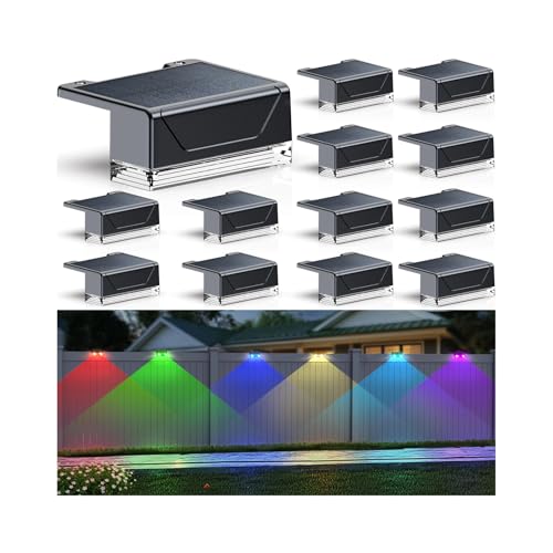 LIANGLOME 12PK Solar Fence Lights Outdoor Waterproof LED - Warm White & RGB 6 Color, Dusk to Dawn Deck Light, IP65 Waterproof Garden Lights for Outside/Backyard/Railing/Step/Patio/Wall - Image 1