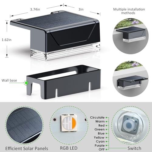 LIANGLOME 12PK Solar Fence Lights Outdoor Waterproof LED - Warm White & RGB 6 Color, Dusk to Dawn Deck Light, IP65 Waterproof Garden Lights for Outside/Backyard/Railing/Step/Patio/Wall - Image 5