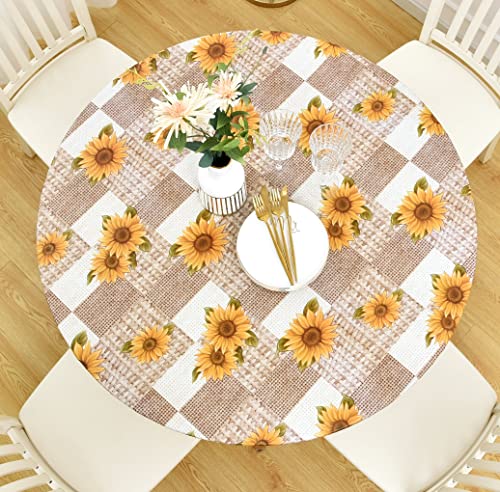 Rally Home Goods Rally Home Goods Indoor Outdoor Patio Round Fitted Vinyl Tablecloth Flannel Backing Elastic Edge Waterproof Wipeable Plastic Cover in Sunflowers Pattern for 6Seat Table of 4356 Diameter 