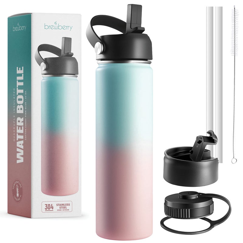 Brewberry Stainless Steel Insulated Water Bottle and Travel Mug for Hot and Cold Beverages Wide Mouth Double Wall Insulated Hydration Sports Water Bottle for Hiking Biking Outdoor 22 OZ BPA Free