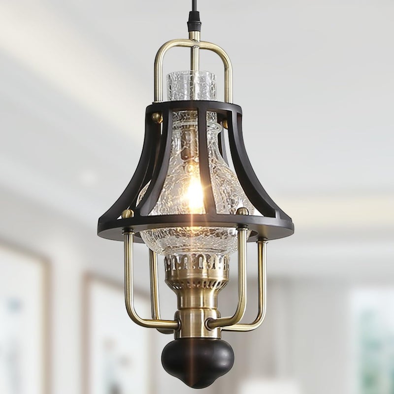Lanpesting Farmhouse Chandelier Modern Hanging Light, Vintage Rustic Pendant Lights Fixture, Crackle Glass Shade, Wood & Metal Cage Base for Living Room Dining Room Foyer Kitchen Island Bedroom - Image 1