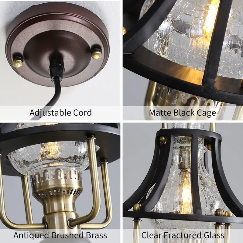 Lanpesting Farmhouse Chandelier Modern Hanging Light, Vintage Rustic Pendant Lights Fixture, Crackle Glass Shade, Wood & Metal Cage Base for Living Room Dining Room Foyer Kitchen Island Bedroom - Image 5