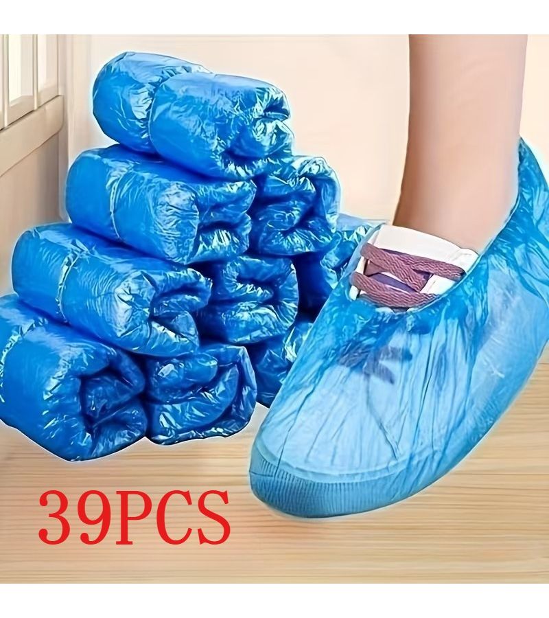 39 Pcs Blue Disposable Shoe Covers Durable Plastic Texture Elastic Entry Design For Hospital Home Office Use - Image 1