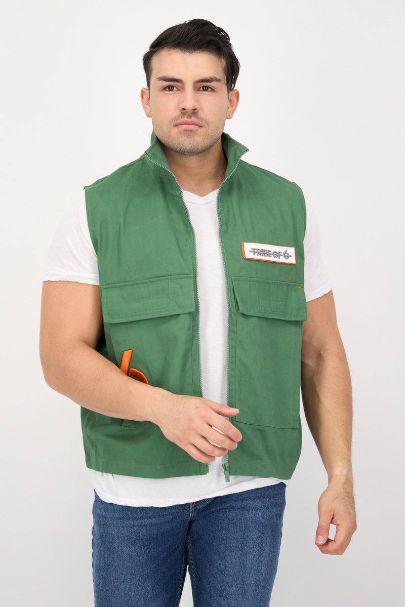TRIBE OF 6 Men Embroidered Vest Jacket, Green - Image 1