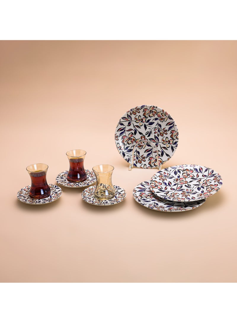 BLACKSTONE طقم شاي من 18 قطعة من البورسلين مع أكواب شاي زجاجية كهرمانية وصحون جانبية مزخرفة وأدوات تقديم تركية تقليدية بتصميم أنيق - Image 2