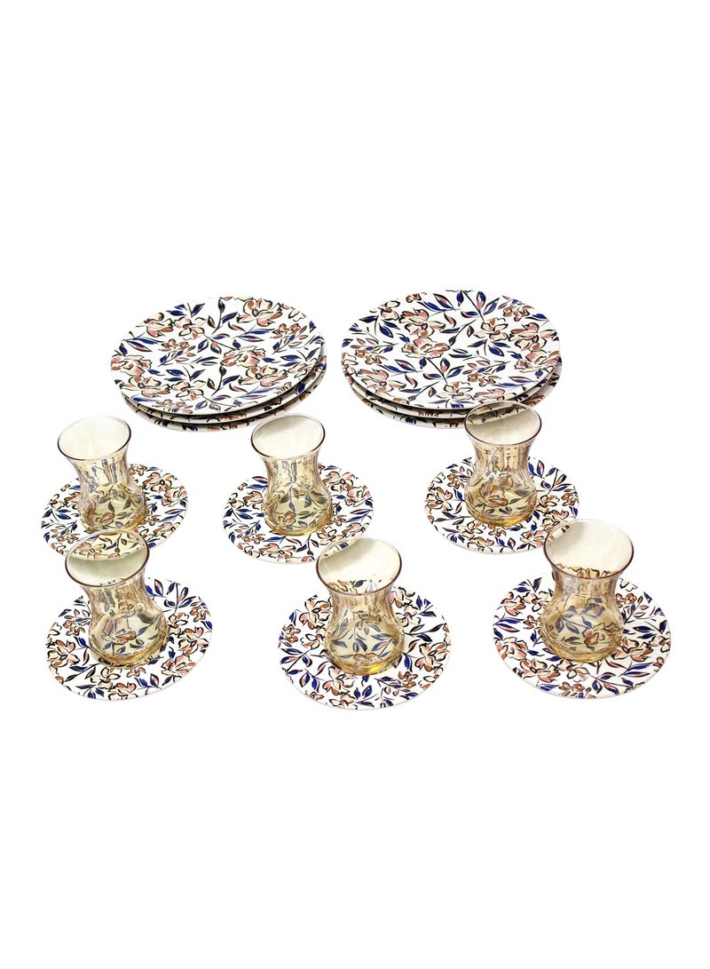 BLACKSTONE طقم شاي من 18 قطعة من البورسلين مع أكواب شاي زجاجية كهرمانية وصحون جانبية مزخرفة وأدوات تقديم تركية تقليدية بتصميم أنيق - Image 1