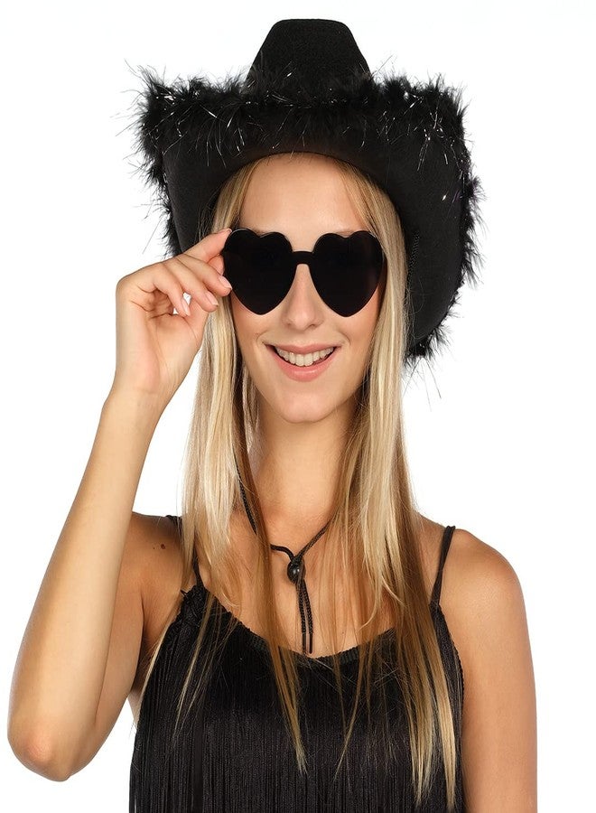 Funcredible Black Cowboy Hat and Glasses - Fluffy Cowgirl Hat with Star for Girls - Cowboy Hats with Feathers - Cowgirl Accessories - Halloween Accessories for Women - Image 4