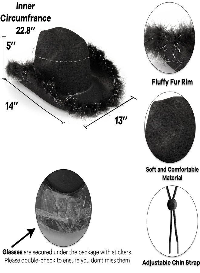 Funcredible Black Cowboy Hat and Glasses - Fluffy Cowgirl Hat with Star for Girls - Cowboy Hats with Feathers - Cowgirl Accessories - Halloween Accessories for Women - Image 2