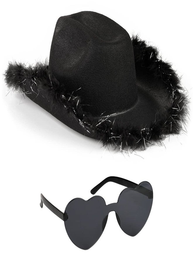 Funcredible Black Cowboy Hat and Glasses - Fluffy Cowgirl Hat with Star for Girls - Cowboy Hats with Feathers - Cowgirl Accessories - Halloween Accessories for Women - Image 1