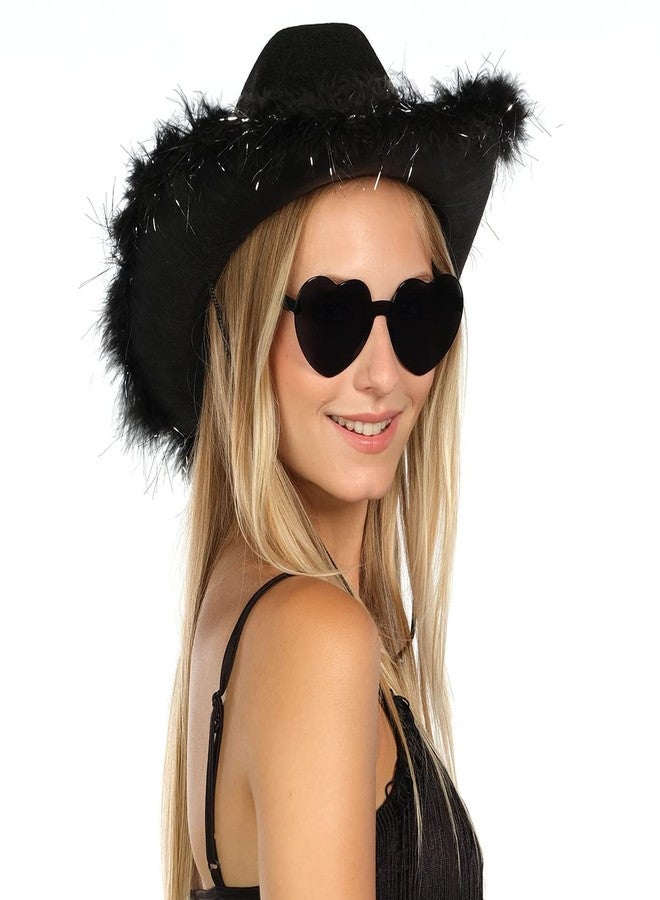 Funcredible Black Cowboy Hat and Glasses - Fluffy Cowgirl Hat with Star for Girls - Cowboy Hats with Feathers - Cowgirl Accessories - Halloween Accessories for Women - Image 5
