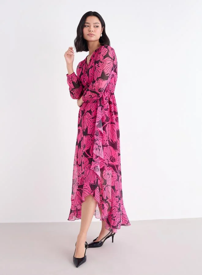 ستايلي Styli Dark Pink Floral Maxi Dress with Ruffle Edge