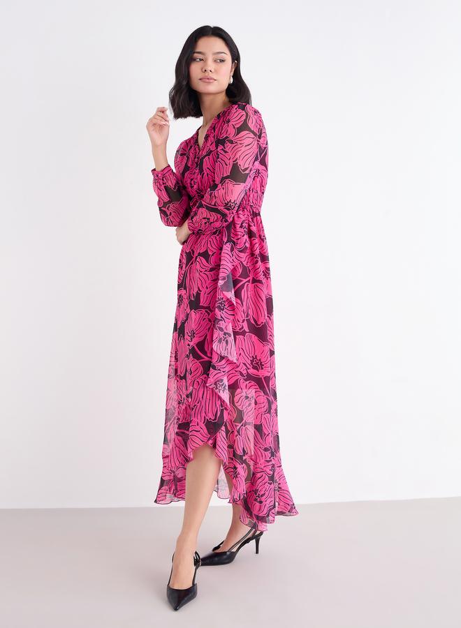 ستايلي فستان ماكسي وردي داكن بنقشة الزهور وحافة مكشكشة - Image 2