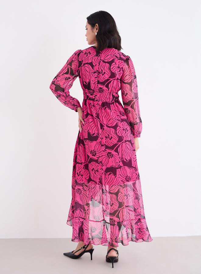 ستايلي فستان ماكسي وردي داكن بنقشة الزهور وحافة مكشكشة - Image 5