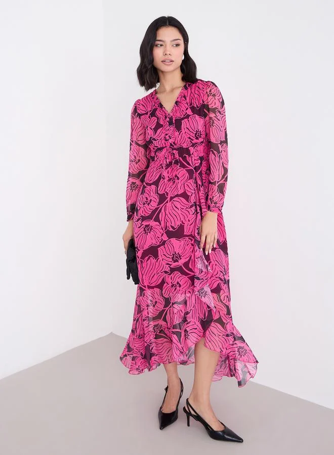 ستايلي Styli Dark Pink Floral Maxi Dress with Ruffle Edge
