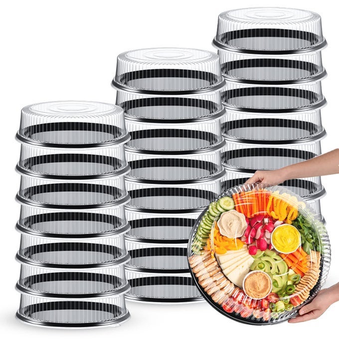 24 PIECES HEAVY DUTY 16 INCH CATERING TRAYS WITH LIDS SERVING TRAYS AND LID BLACK ROUND PLASTIC DISPOSABLE FOOD CONTAINER STACKABLE FOR SERVING APPETIZERS TAKEOUT SNACKS FRUITS PICNIC PARTY