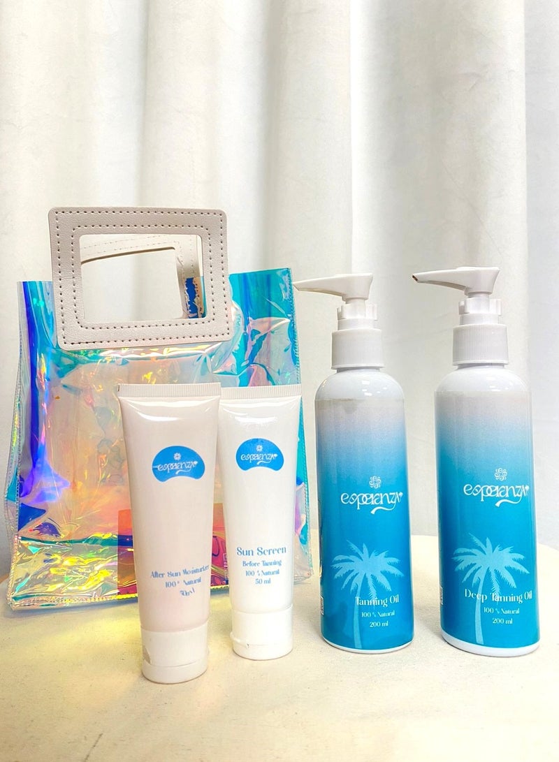 esperanza tanning oil kit include / coffee extract deep tanning oil 200 ml,  carrot extract tanning oil 200 ml, before tan lotion 30ml ,after tan lotion 30 ml+ beach Tote bag small 