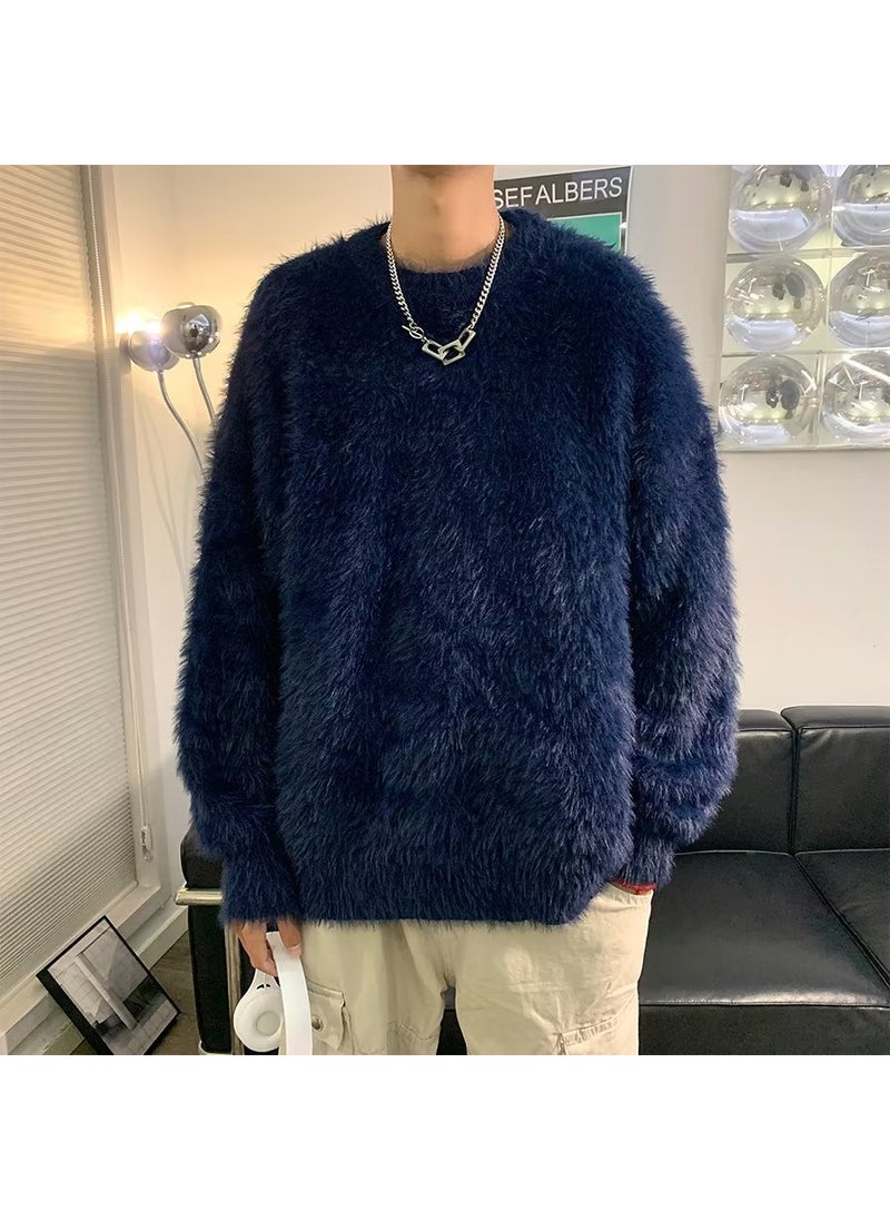 Generic - Men Fashion Brand Lazy Style Soft White Round Neck Knitted Shirt Oversize Loose Fit Casual Korean Style Youth Dark blue - Image 1