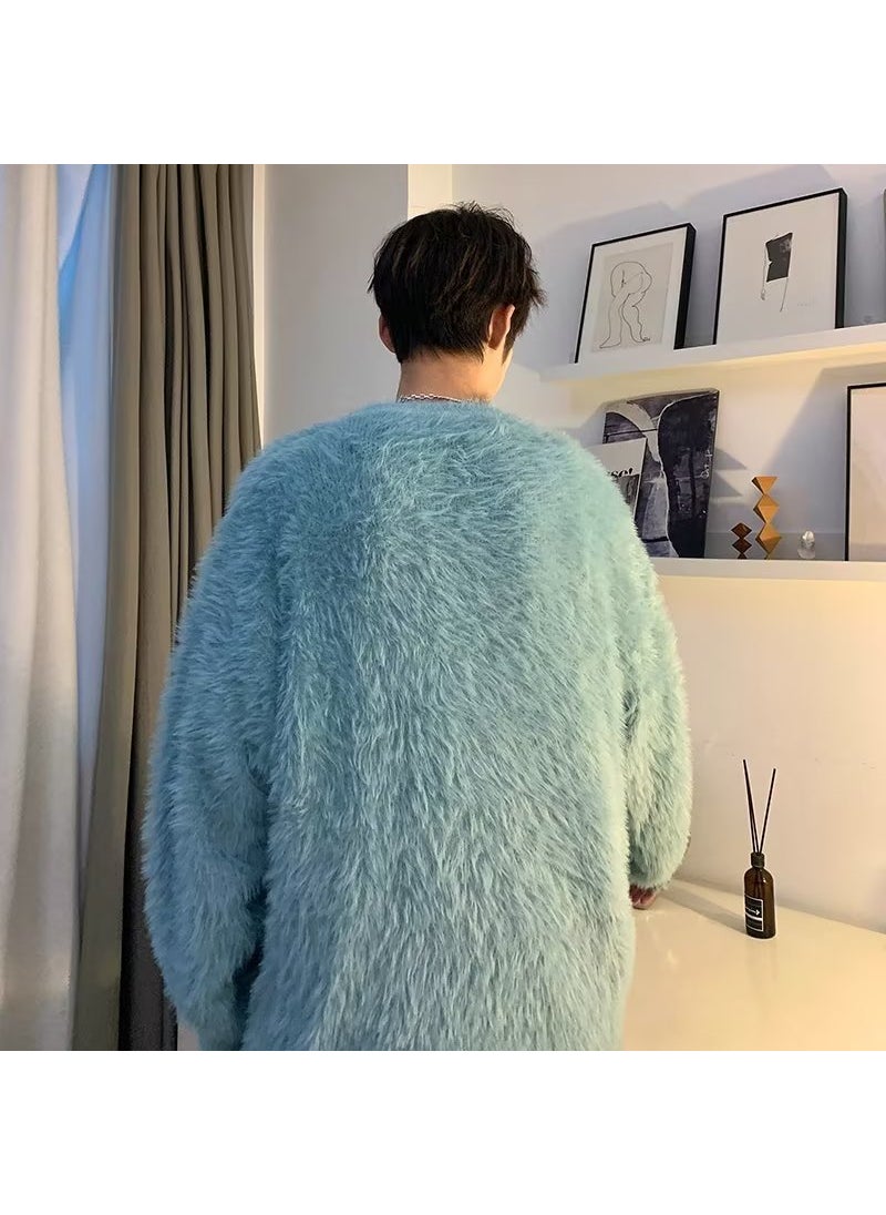 Generic - Men Fashion Brand Lazy Style Soft White Round Neck Knitted Shirt Oversize Loose Fit Casual Korean Style Youth Dark blue - Image 1