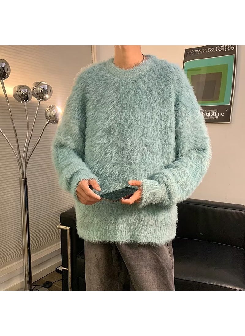 Generic - Men Fashion Brand Lazy Style Soft White Round Neck Knitted Shirt Oversize Loose Fit Casual Korean Style Youth Dark blue - Image 1