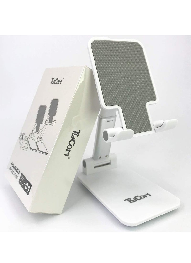 TYCOM - TyCom Cell Phone Stand, Adjustable phone holder for Desk, Foldable Desktop Tablet Stand Holder, Double Adjustable Mobile stand Phone Tablet Holder (White) - Image 1