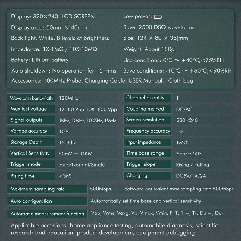 مقياس تذبذب رقمي بشاشة ملونة TFT بدقة عالية 320 × 240 وقطر 2.4 بوصة TOOLTOP DS0120M، عرض نطاق ترددي 120 ميجاهرتز، معدل أخذ عينات 500 ميجا عينة في الثانية – أداة احترافية مع إضاءة خلفية وتخزين أشكال الموجات - Image 2