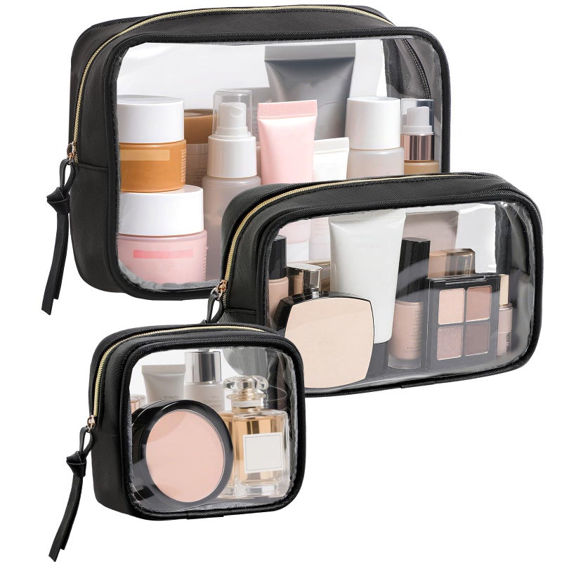 Vorspack Travel Makeup Bag - 3 Pack Travel Toiletry Bag For Women Clear Cosmetic Bag Makeup Organizer Zipper Pouch For Travel Essentials Storage - Black - Image 1