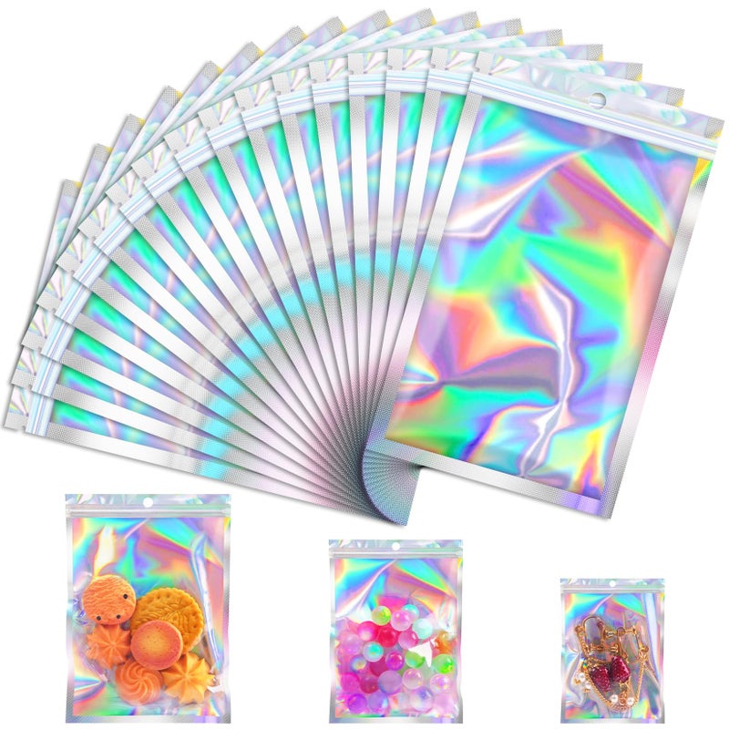 JETMORE 100 Pcs Holographic Mylar Bags, Smell Proof & Resealable Bag for Small Business, Foil Freshie Bags for Treat,Jewelry, Candy, Keychain, Package, Christmas Gift Bags, Goodie Baggies (3x5in) - Image 1