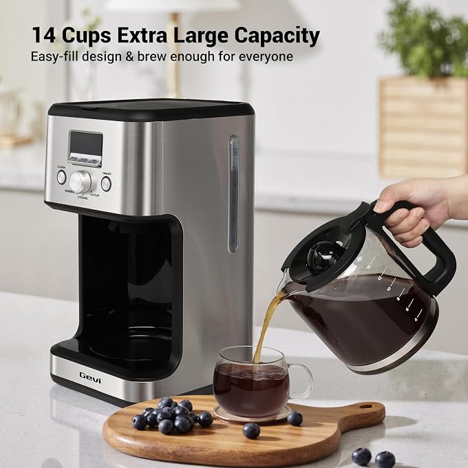 Gevi 14-Cup Drip Coffee Maker, Strong Brew, Glass Carafe, 2H Warm Silver | 14-Cup Drip Maker for Normal & Strong Brew, 2H Keep Warm, Pause & Serve, Auto Shut-Off for Home & Office, Glass Carafe - Image 2