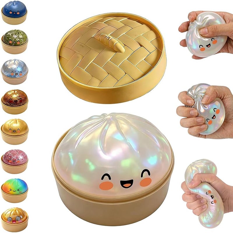 hepanio Glitter Dumpling Squishy,Dumpling Squishies,Glitter Dumpling Mystery Box,Colorful Dumpling Stress Balls Fidget,Jumbo Squishy Toy with Steamer Box Suitable for Adult use in Offices (Glitter White) - Image 1