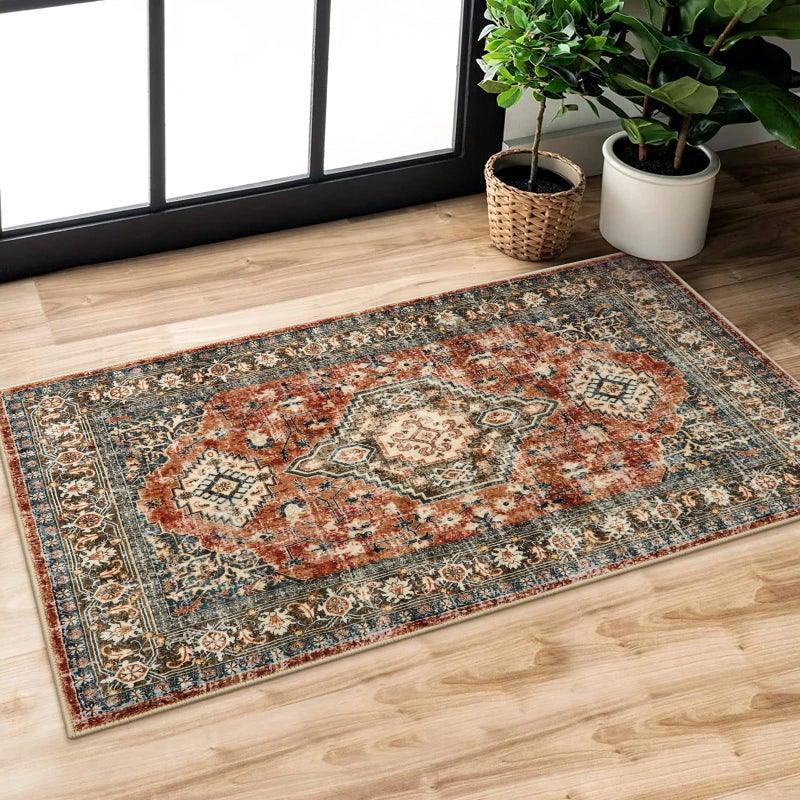 Lahome Oriental Small Area Rug 2x4 Washable Entryway Rug NonSlip UltraThin Indoor Door Mat Distressed Throw Carpet for Kitchen Bedroom Brick Red