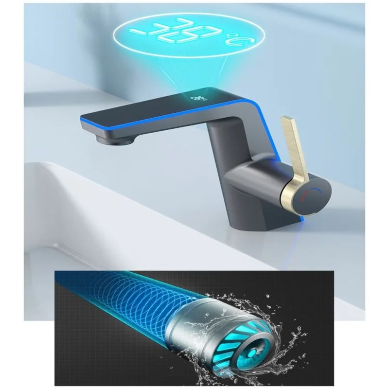 Color-changing Sink Faucet 32x22x13cm Silver Self-Powered Turbine Generator - Antimicrobial Coating Backlight Temperature Display for Home Kitchen and Bathroom - Image 4