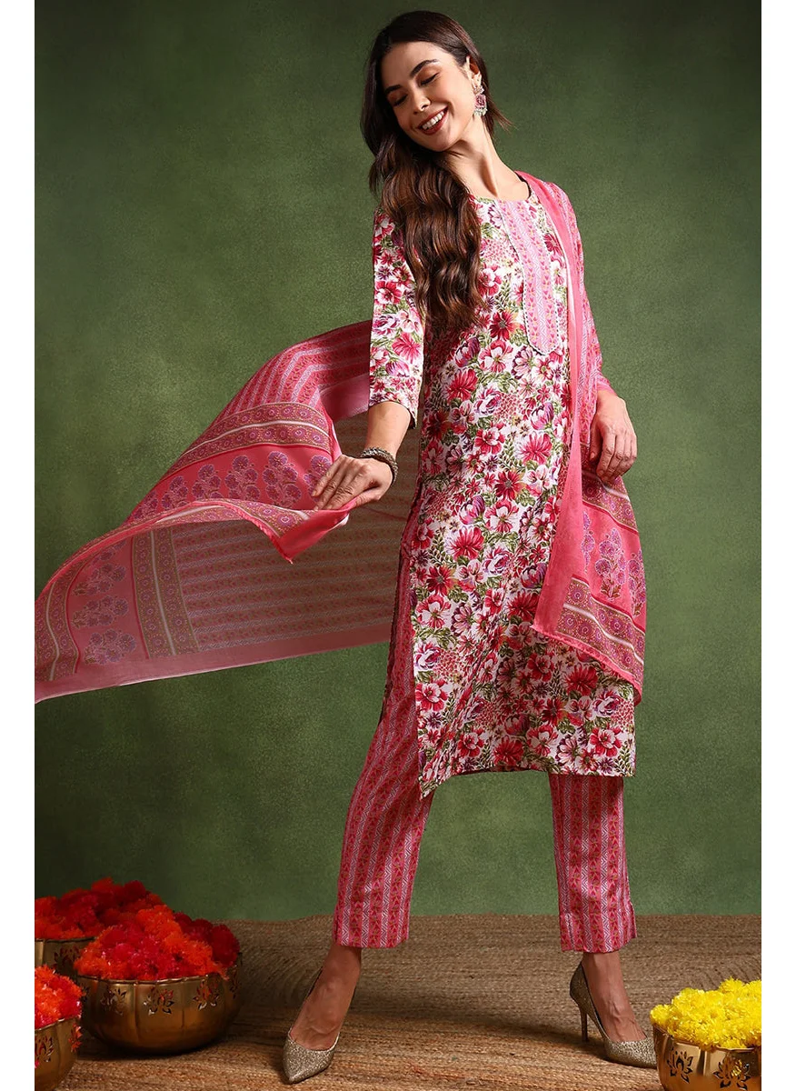 زيري سوق White Rayon Blend Floral Printed Straight 3-Piece Kurta Set