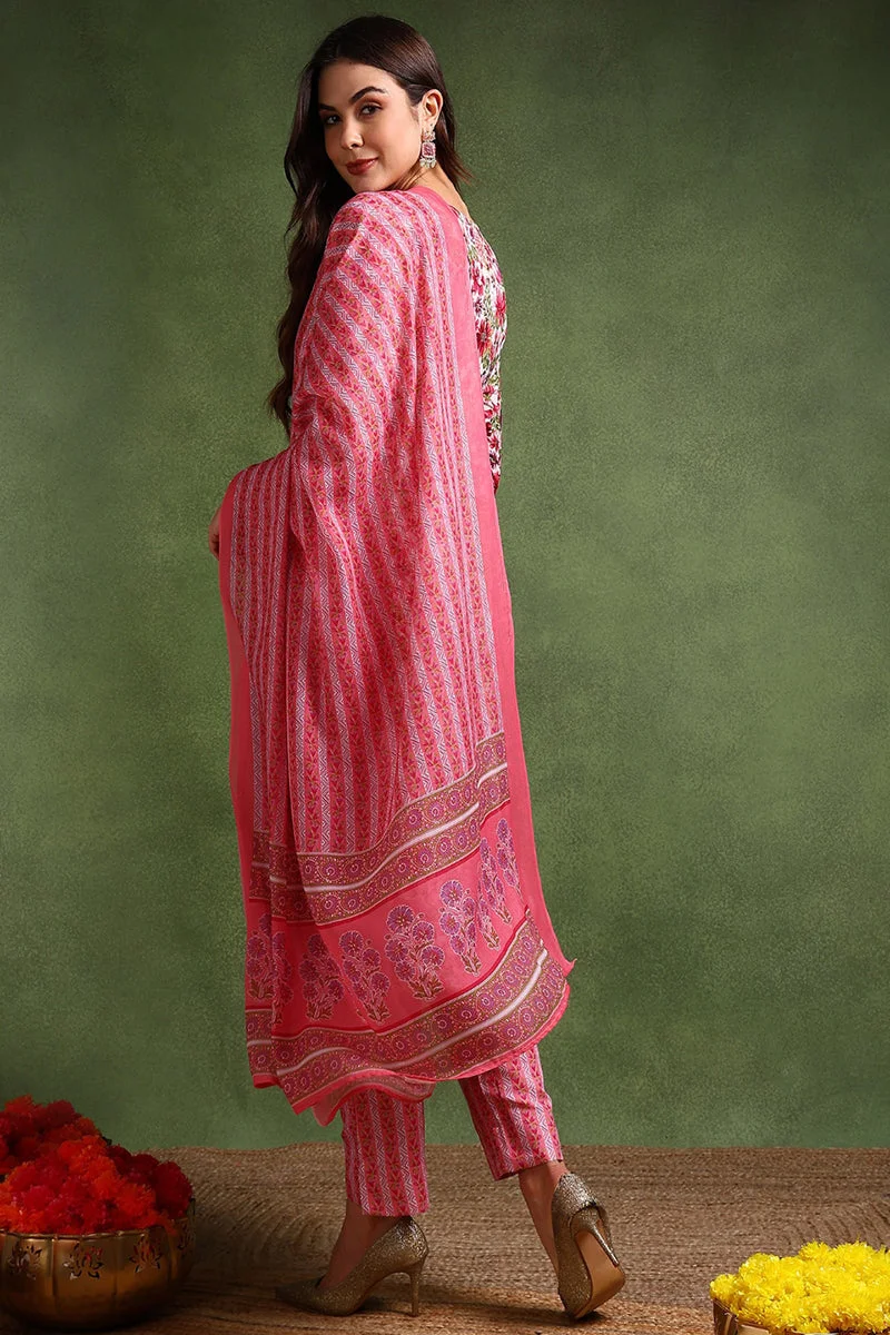ZERESOUQ White Rayon Blend Floral Printed Straight 3-Piece Kurta Set