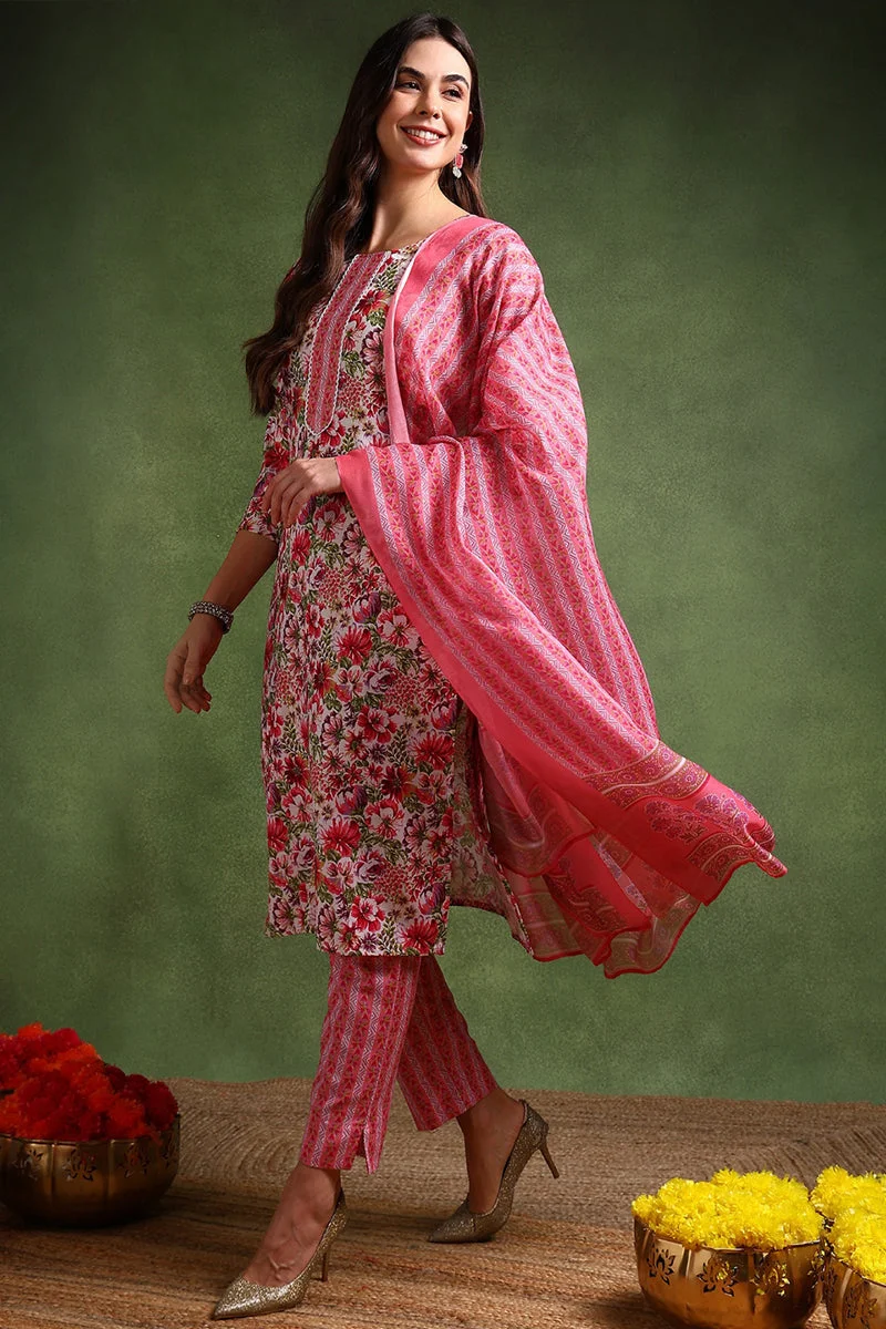 ZERESOUQ White Rayon Blend Floral Printed Straight 3-Piece Kurta Set