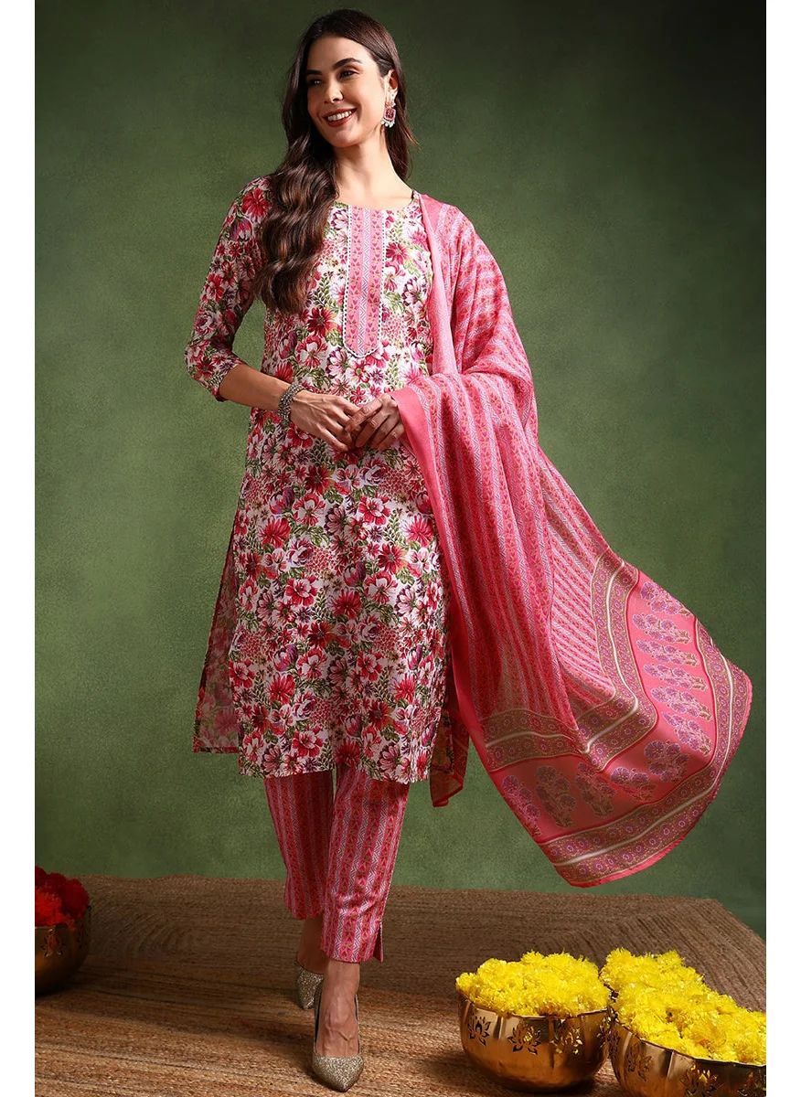 زيري سوق White Rayon Blend Floral Printed Straight 3-Piece Kurta Set