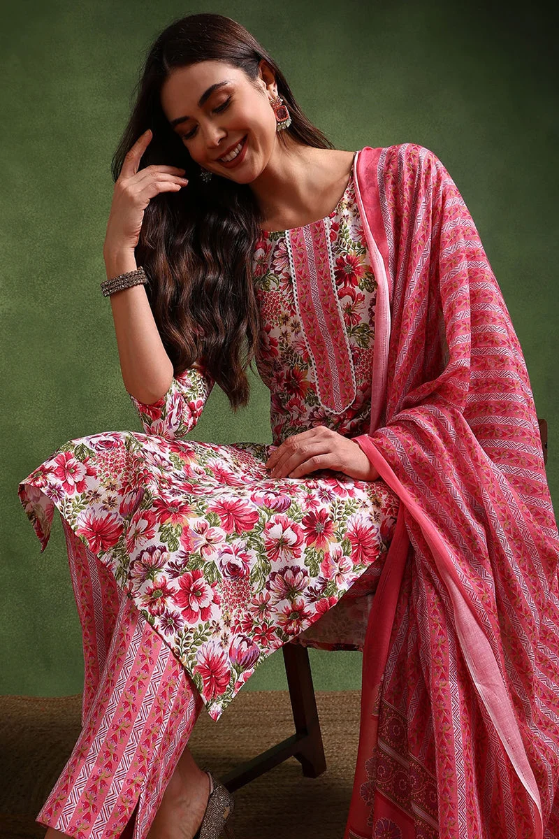 ZERESOUQ White Rayon Blend Floral Printed Straight 3-Piece Kurta Set