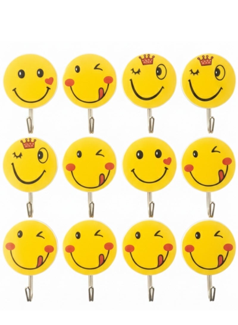 لوكاداه 12 قطعة من خطافات الحائط ذاتية اللصق | خطافات لاصقة قوية للحمام والمطبخ وغرفة النوم | تصميمات ملونة بوجوه مبتسمة وتفاح | حامل للمناشف والملابس والمفاتيح - خطافات حائط بدون حفر - Image 1