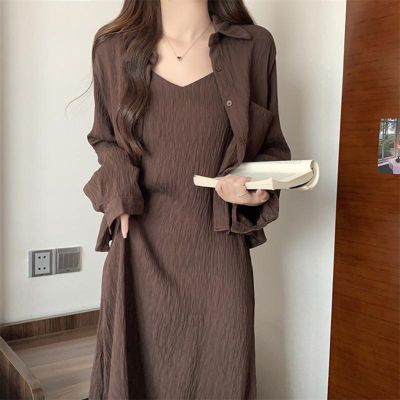 plus size Slip Skirt with Cardigan Two-Piece Autumn Skirt Fat mm300 Jin Slim dress Womens Slight Fat suit Brown [two-piece set]