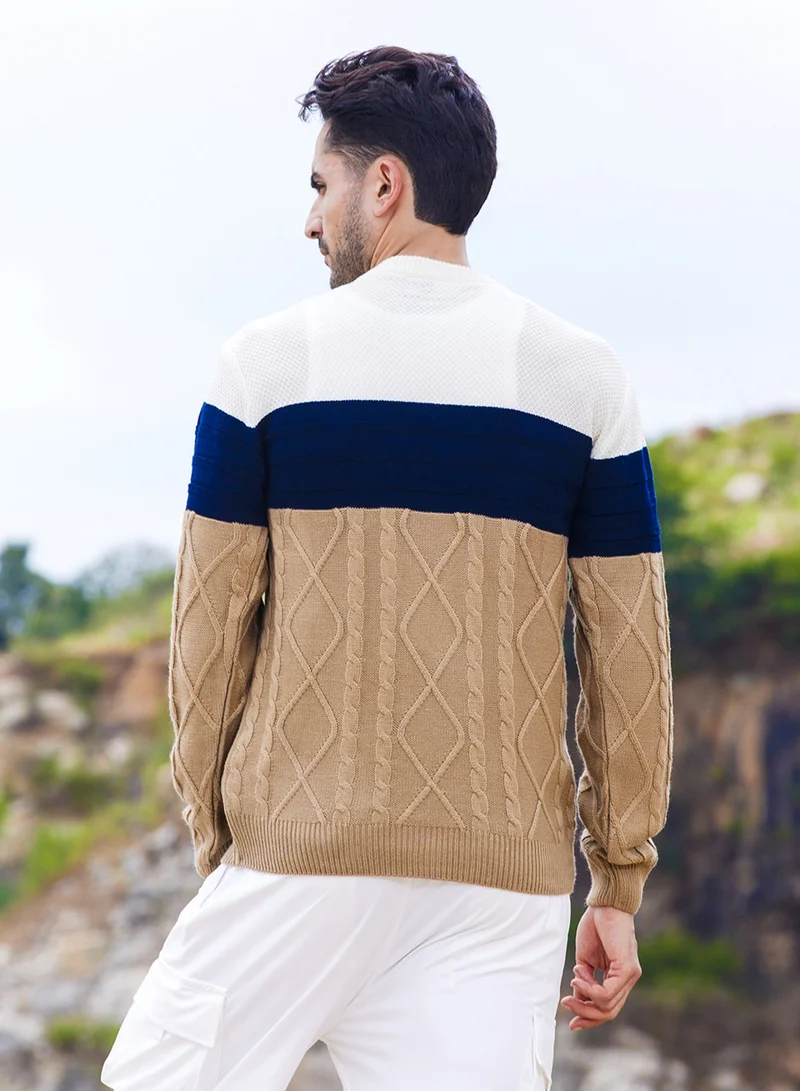 كامبوس سوترا Men's Multicolour Contrast Panel Cable Knit Sweater