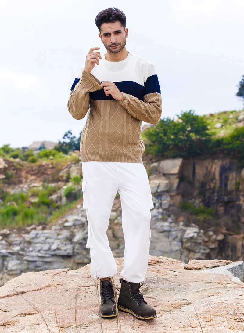 كامبوس سوترا Men's Multicolour Contrast Panel Cable Knit Sweater