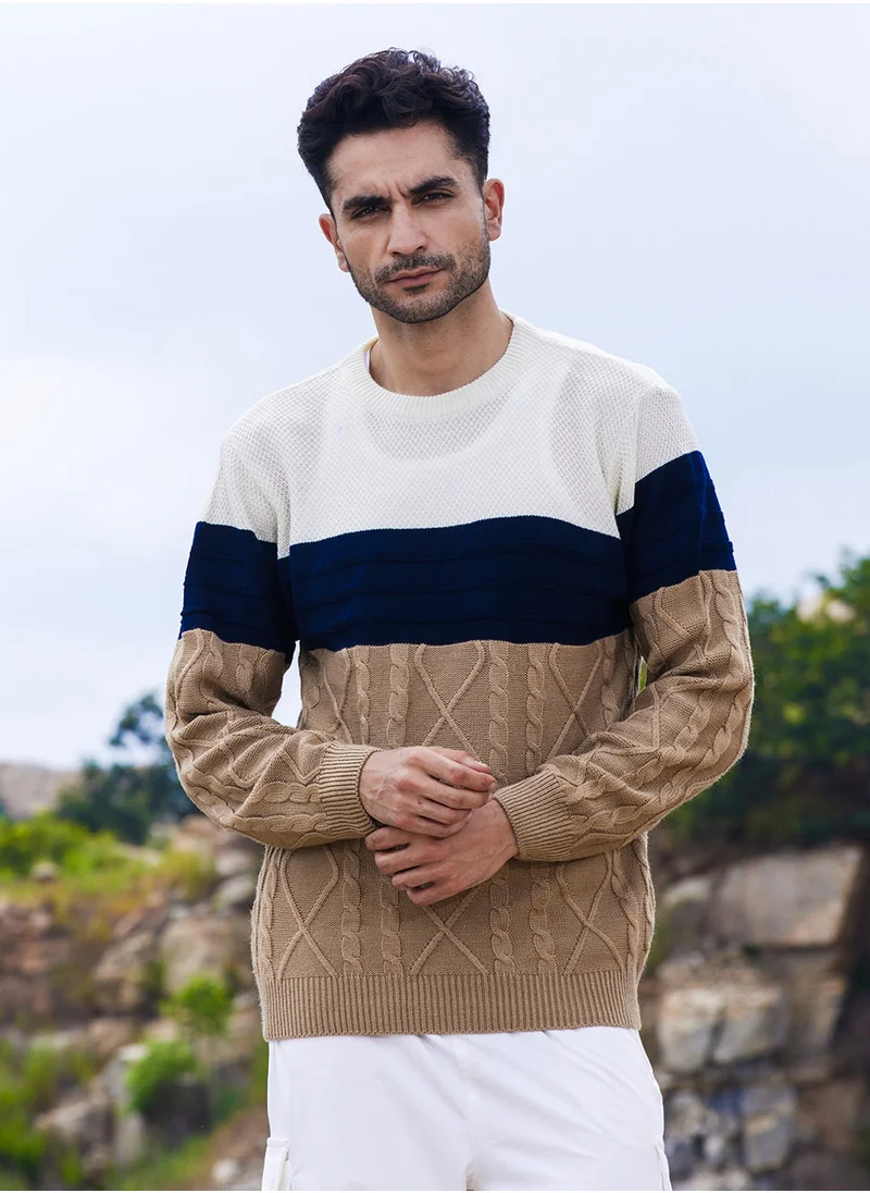 كامبوس سوترا Men's Multicolour Contrast Panel Cable Knit Sweater