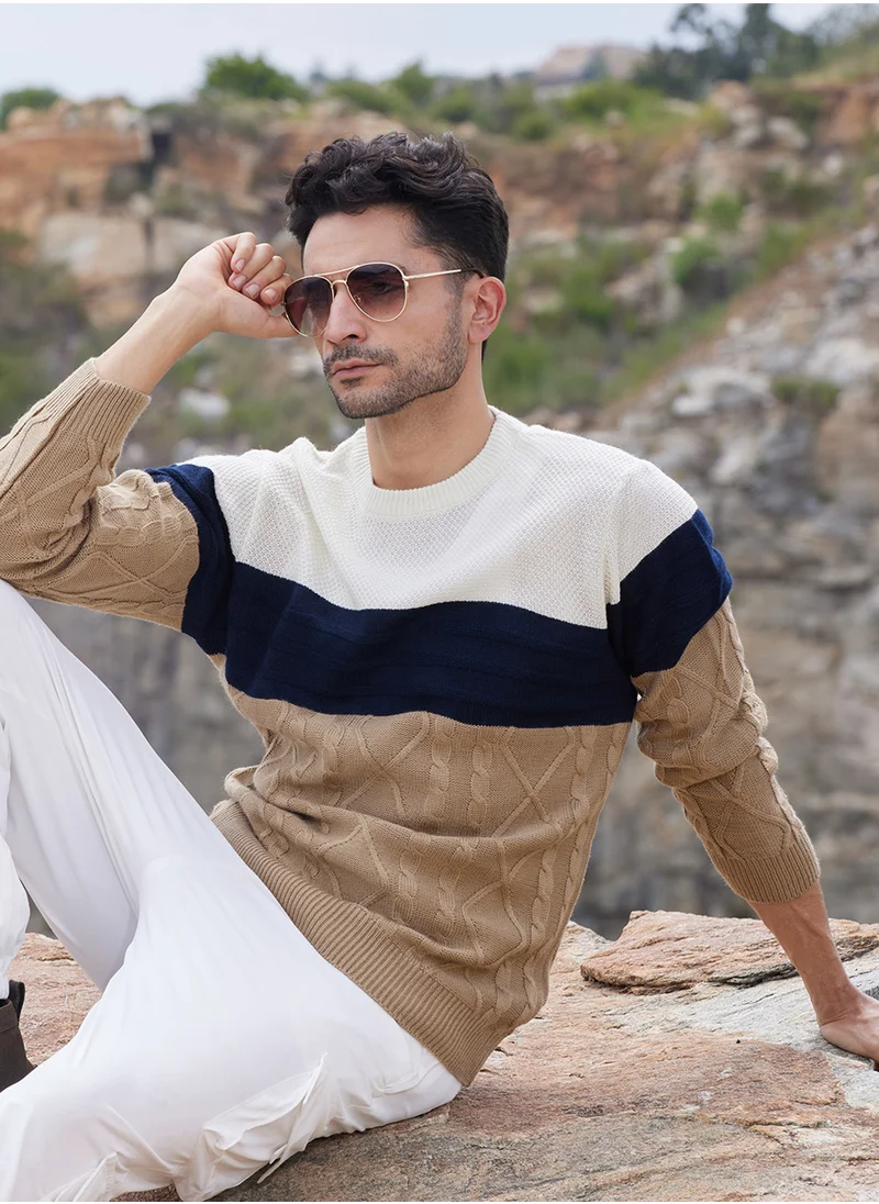 كامبوس سوترا Men's Multicolour Contrast Panel Cable Knit Sweater